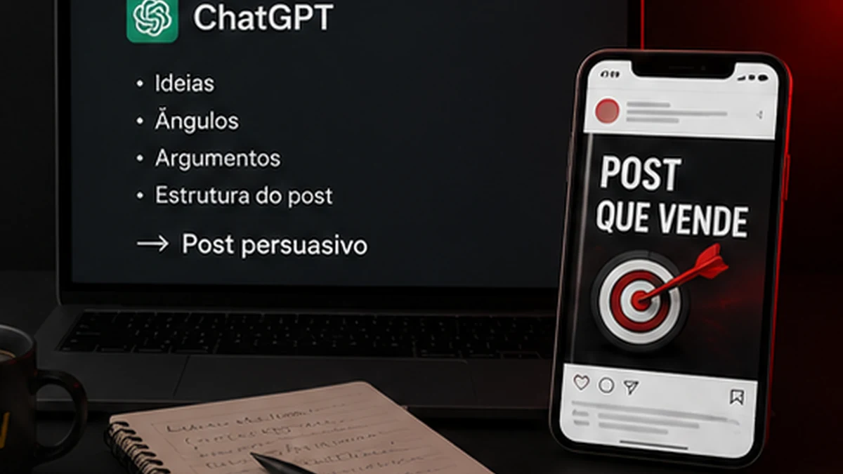 Notebook e celular mostrando um fluxo de criação de posts com ChatGPT