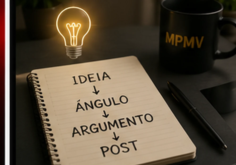 Caderno mostrando a sequência ideia, ângulo, argumento e post