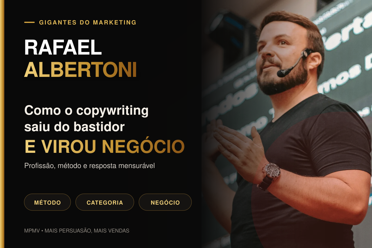 Capa editorial com Rafael Albertoni em um palco e o título sobre copywriting como negócio