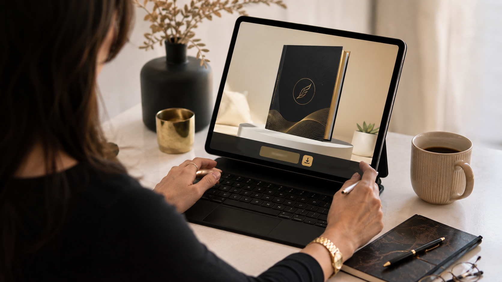 Pessoa acessando um guia digital em um tablet como exemplo de lead magnet